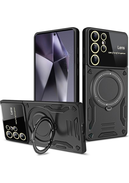 Samsung Galaxy S24 Ultra Için Çift Katmanlı Manyetik Halka Lens Standı Telefon Kılıfı - Siyah (Yurt Dışından)