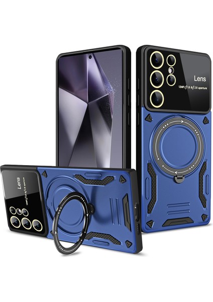 Samsung Galaxy S24 Ultra Için Çift Katmanlı Manyetik Halka Lens Standı Telefon Kılıfı - Mavi (Yurt Dışından)