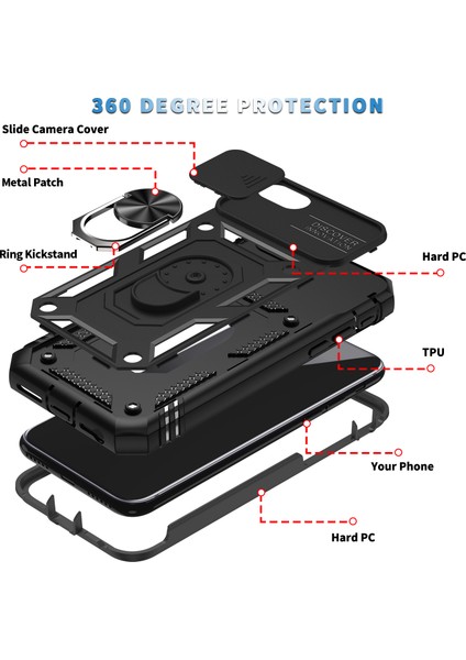 iPhone Se 2022/IPHONE Se 2022/IPHONE 8 / 7 / 6s / 6 Için Çift Katmanlı Slayt Lens Kapak Halka Tutucu Standı ile Telefon Kılıfı - Siyah (Yurt Dışından)