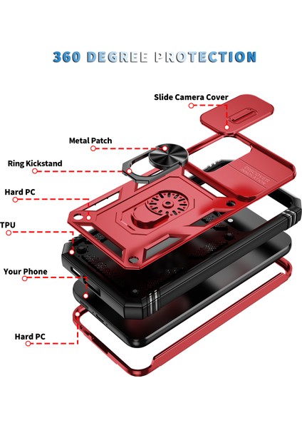 Samsung Galaxy S23 Fe Için Çift Katmanlı Slayt Lens Kapak Halka Tutucu Standı ile Telefon Kılıfı - Kırmızı (Yurt Dışından)