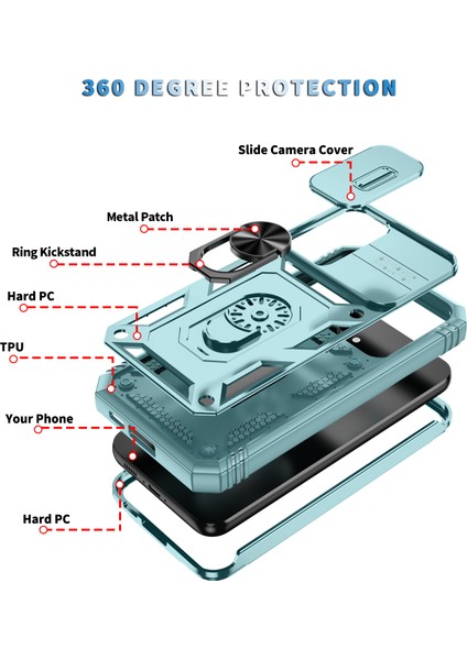 Samsung Galaxy S23 Fe Için Çift Katmanlı Slayt Lens Kapak Halka Tutucu Standı ile Telefon Kılıfı - Yeşil (Yurt Dışından)