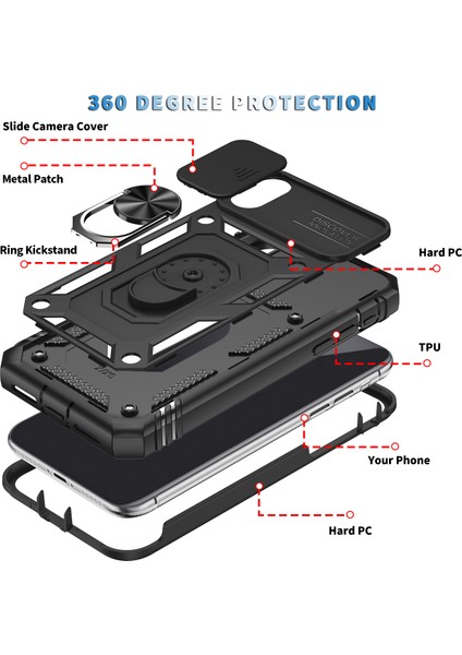 iPhone x / iPhone Xs Için Çift Katmanlı Slayt Lens Kapak Halka Tutucu Standı ile Telefon Kılıfı - Siyah (Yurt Dışından)