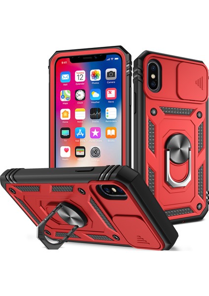 iPhone x / iPhone Xs Için Çift Katmanlı Slayt Lens Kapak Halka Tutucu Standı ile Telefon Kılıfı - Kırmızı (Yurt Dışından)