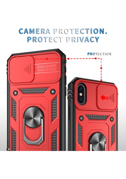 iPhone x / iPhone Xs Için Çift Katmanlı Slayt Lens Kapak Halka Tutucu Standı ile Telefon Kılıfı - Kırmızı (Yurt Dışından)