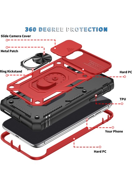 iPhone x / iPhone Xs Için Çift Katmanlı Slayt Lens Kapak Halka Tutucu Standı ile Telefon Kılıfı - Kırmızı (Yurt Dışından)