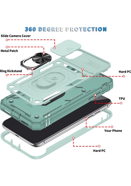 iPhone x / iPhone Xs Için Çift Katmanlı Slayt Lens Kapak Halka Tutucu Standı ile Telefon Kılıfı - Yeşil (Yurt Dışından)