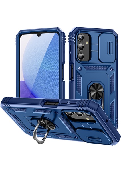 Samsung Galaxy A25 Için Çift Katmanlı Slayt Lens Kapak Halka Tutucu Standı ile Telefon Kılıfı - Mavi (Yurt Dışından)