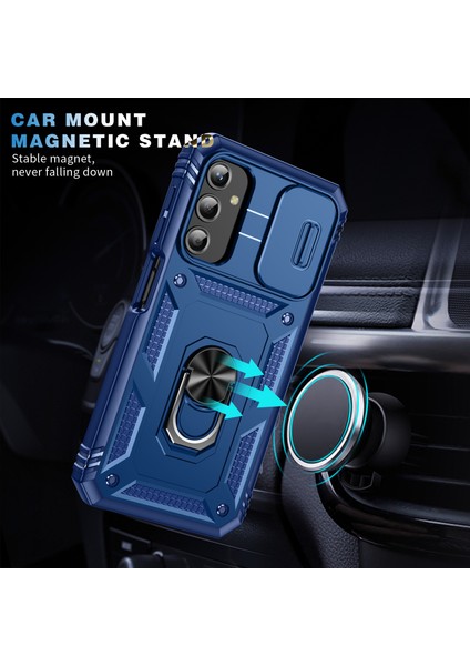 Samsung Galaxy A25 Için Çift Katmanlı Slayt Lens Kapak Halka Tutucu Standı ile Telefon Kılıfı - Mavi (Yurt Dışından)