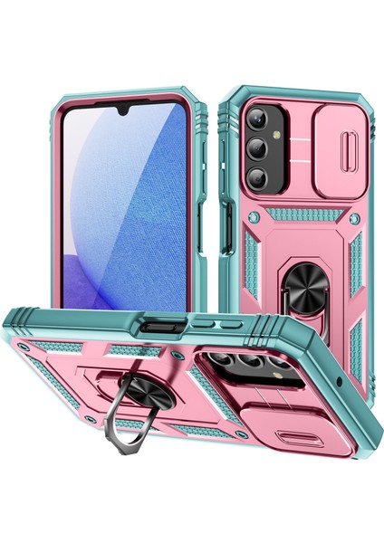 Samsung Galaxy A25 Için Çift Katmanlı Slayt Lens Kapak Halka Tutucu Standı ile Telefon Kılıfı - Pembe Turkuaz (Yurt Dışından)
