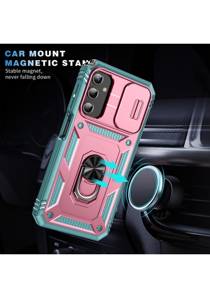 Samsung Galaxy A25 Için Çift Katmanlı Slayt Lens Kapak Halka Tutucu Standı ile Telefon Kılıfı - Pembe Turkuaz (Yurt Dışından)