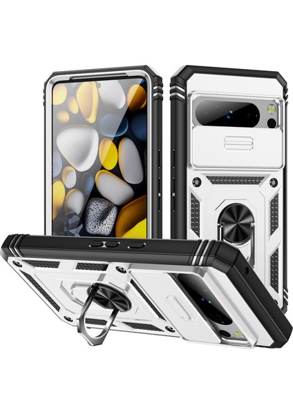 Google Pixel 8 Için Çift Katmanlı Slayt Lens Kapak Halka Tutucu Standı ile Telefon Kılıfı - Beyaz (Yurt Dışından)