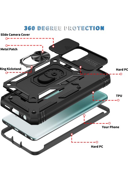 Xiaomi Redmi Note 10 4g / Note 10S Için Çift Katmanlı Slayt Lens Kapak Halka Tutucu Standı ile Telefon Kılıfı - Siyah (Yurt Dışından)