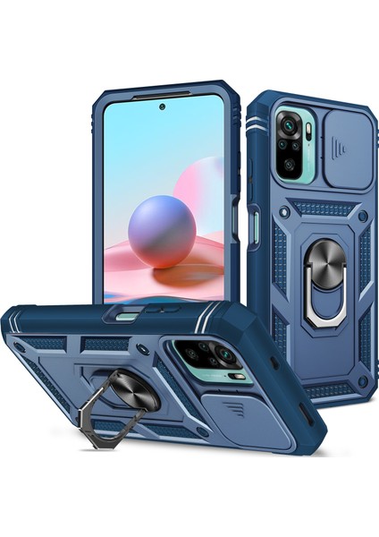 Xiaomi Redmi Note 10 4g / Note 10S Için Çift Katmanlı Slayt Lens Kapak Halka Tutucu Standı ile Telefon Kılıfı - Mavi (Yurt Dışından)