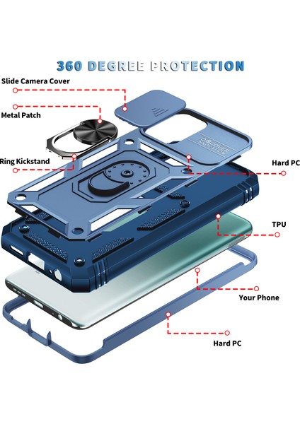 Xiaomi Redmi Note 10 4g / Note 10S Için Çift Katmanlı Slayt Lens Kapak Halka Tutucu Standı ile Telefon Kılıfı - Mavi (Yurt Dışından)