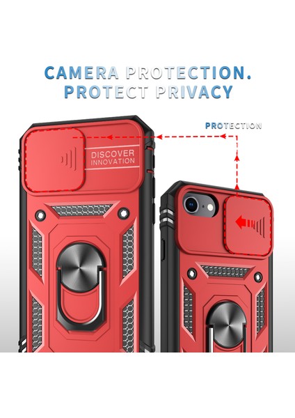 iPhone 8 Plus / 7 Plus / 6s Plus / 6 Plus Için Çift Katmanlı Slayt Lens Kapak Halka Tutucu Standı ile Telefon Kılıfı - Kırmızı (Yurt Dışından) fiyatları