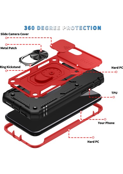 iPhone 8 Plus / 7 Plus / 6s Plus / 6 Plus Için Çift Katmanlı Slayt Lens Kapak Halka Tutucu Standı ile Telefon Kılıfı - Kırmızı (Yurt Dışından) indirimleri