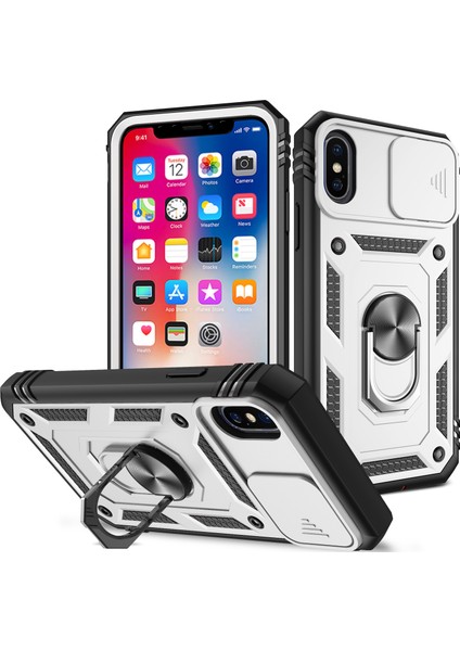 iPhone x / iPhone Xs Için Çift Katmanlı Slayt Lens Kapak Halka Tutucu Standı ile Telefon Kılıfı - Beyaz (Yurt Dışından)