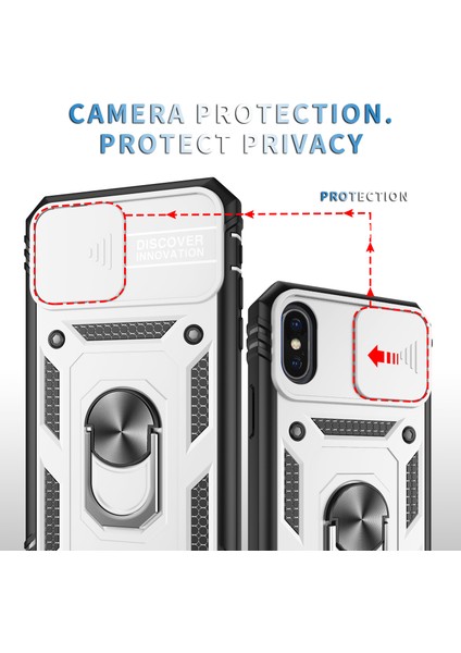iPhone x / iPhone Xs Için Çift Katmanlı Slayt Lens Kapak Halka Tutucu Standı ile Telefon Kılıfı - Beyaz (Yurt Dışından)