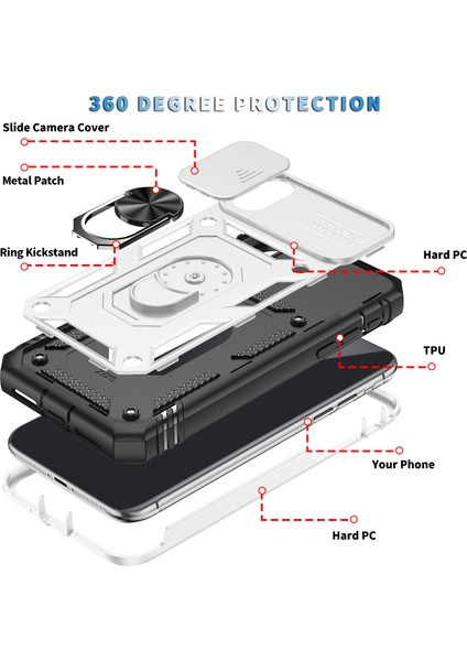 iPhone x / iPhone Xs Için Çift Katmanlı Slayt Lens Kapak Halka Tutucu Standı ile Telefon Kılıfı - Beyaz (Yurt Dışından)
