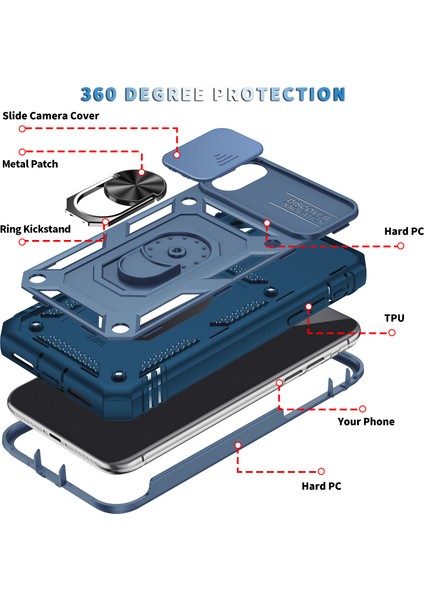 iPhone x / iPhone Xs Için Çift Katmanlı Slayt Lens Kapak Halka Tutucu Standı ile Telefon Kılıfı - Mavi (Yurt Dışından)