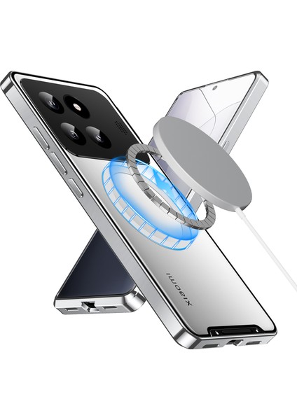 Xiaomi 14 Pro Için Metal Pc Arka Lens Koruma Manyetik Kablosuz Şarj Cihazı Telefon Kılıfı Gümüş (Yurt Dışından)