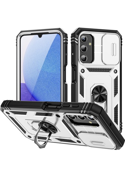 Samsung Galaxy A25 Için Çift Katmanlı Slayt Lens Kapak Halka Tutucu Standı ile Telefon Kılıfı - Beyaz (Yurt Dışından)