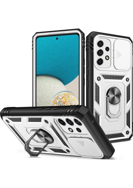 Samsung Galaxy A53 5g Için Çift Katmanlı Slayt Lens Kapak Halka Tutucu Standı ile Telefon Kılıfı - Beyaz (Yurt Dışından)
