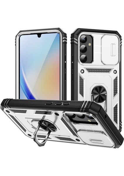 Samsung Galaxy A34 Için Çift Katmanlı Slayt Lens Kapak Halka Tutucu Standı ile Telefon Kılıfı - Beyaz (Yurt Dışından)