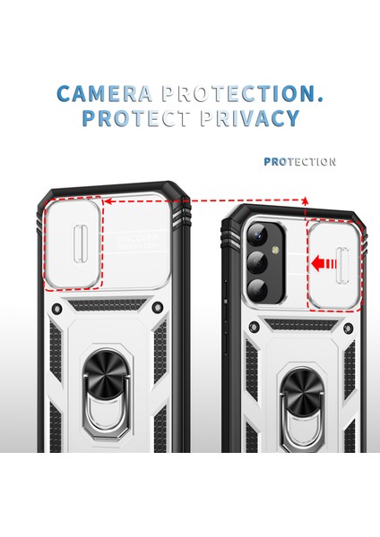 Samsung Galaxy A34 Için Çift Katmanlı Slayt Lens Kapak Halka Tutucu Standı ile Telefon Kılıfı - Beyaz (Yurt Dışından) fiyatları