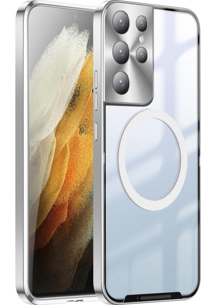 Samsung Galaxy S21 Ultra 5g Için Metal Pc Arka Lens Koruma Manyetik Kablosuz Şarj Cihazı Telefon Kılıfı Gümüş (Yurt Dışından)