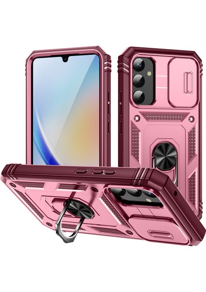 Samsung Galaxy A34 Için Çift Katmanlı Slayt Lens Kapak Halka Tutucu Standı ile Telefon Kılıfı - Pembe (Yurt Dışından)