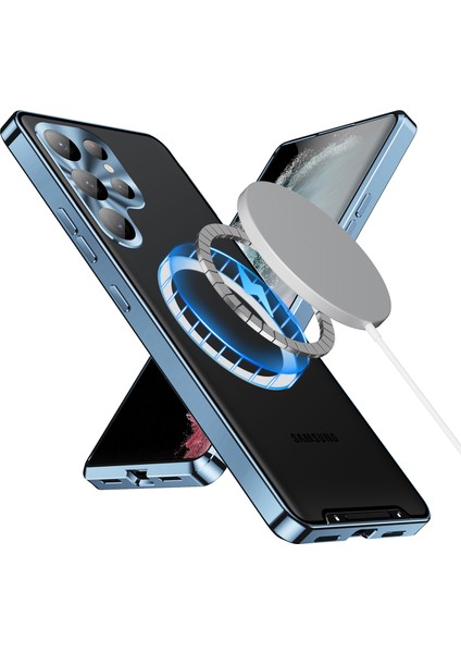 Samsung Galaxy S23 Ultra Için Metal Pc Arka Lens Koruma Manyetik Kablosuz Şarj Cihazı Telefon Kılıfı Mavi (Yurt Dışından)