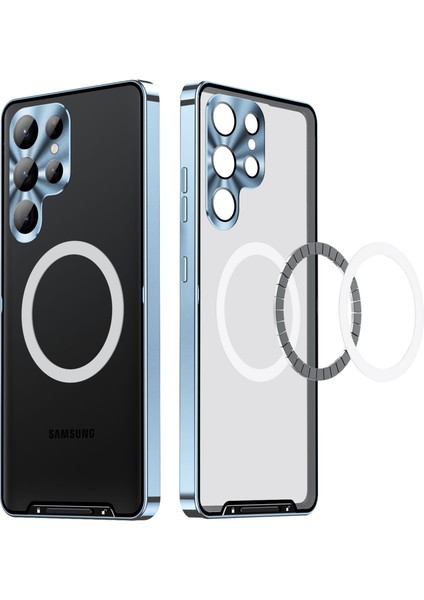 Samsung Galaxy S23 Ultra Için Metal Pc Arka Lens Koruma Manyetik Kablosuz Şarj Cihazı Telefon Kılıfı Mavi (Yurt Dışından)