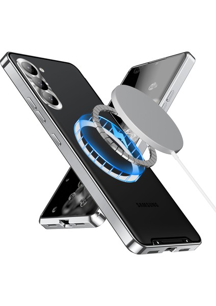 Samsung Galaxy S23+ Için Metal Pc Arka Lens Koruma Manyetik Kablosuz Şarj Cihazı Telefon Kılıfı Gümüş (Yurt Dışından)