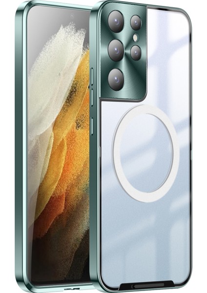 Samsung Galaxy S21 Ultra 5g Için Metal Pc Arka Lens Koruma Manyetik Kablosuz Şarj Cihazı Telefon Kılıfı Yeşil (Yurt Dışından)