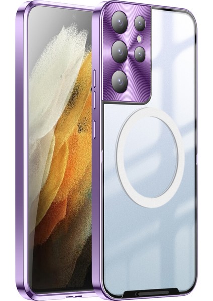 Samsung Galaxy S21 Ultra 5g Için Metal Pc Arka Lens Koruma Manyetik Kablosuz Şarj Cihazı Telefon Kılıfı Mor (Yurt Dışından)