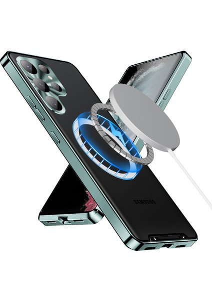 Samsung Galaxy S23 Ultra Için Metal Pc Arka Lens Koruma Manyetik Kablosuz Şarj Cihazı Telefon Kılıfı Yeşil (Yurt Dışından)