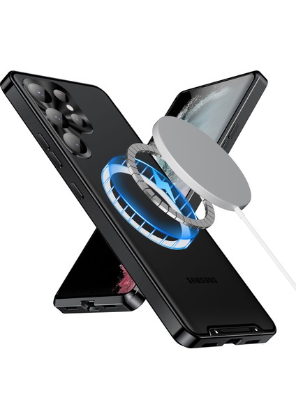 Samsung Galaxy S23 Ultra Için Metal Pc Arka Lens Koruma Manyetik Kablosuz Şarj Cihazı Telefon Kılıfı Siyah (Yurt Dışından)