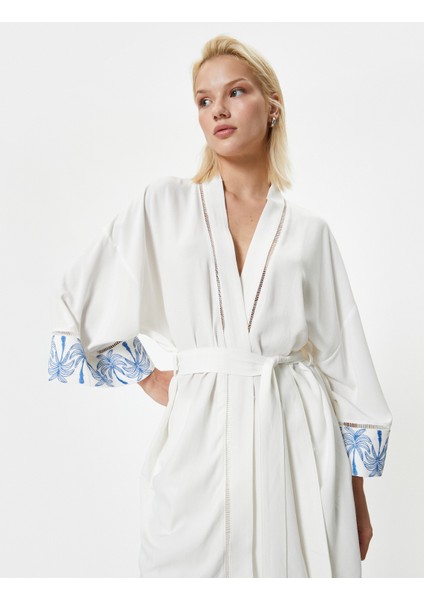 Uzun Oversize Kimono Keten Karışımlı Kemer Detaylı Floral Desen Detaylı