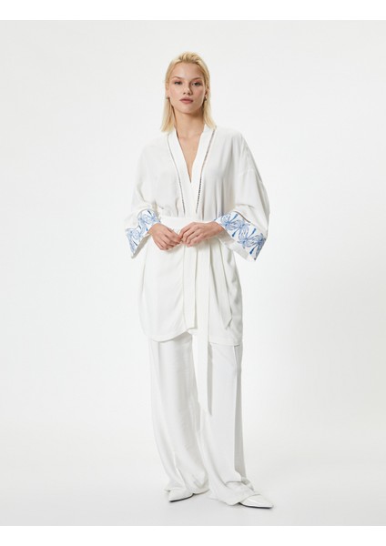 Uzun Oversize Kimono Keten Karışımlı Kemer Detaylı Floral Desen Detaylı modelleri