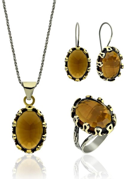 Sitrin Taşlı Otantik Gümüş Kadın Set