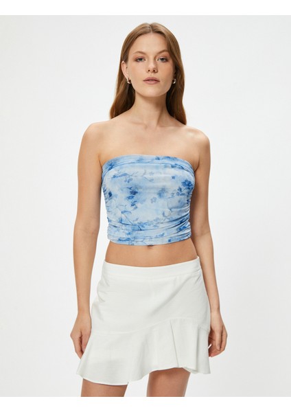 Çiçekli Tül Straplez Crop Üst Drapeli Slim Fit modelleri