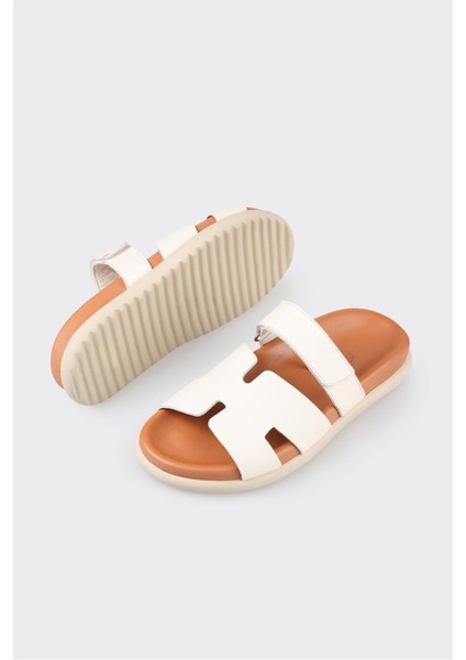 Ekru Deri Kadın Düz Terlik modelleri