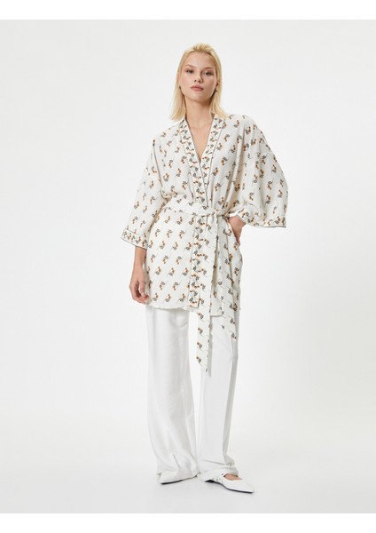 Çiçekli Kimono Keten Karışımlı Kalça Boy Kemerli Boncuk Işleme Detaylı fiyatları