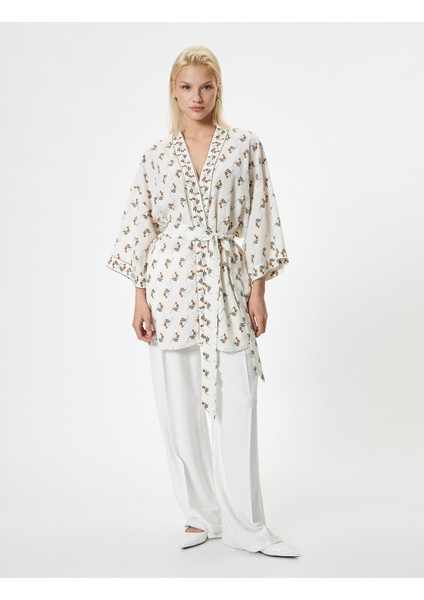 Çiçekli Kimono Keten Karışımlı Kalça Boy Kemerli Boncuk Işleme Detaylı modelleri