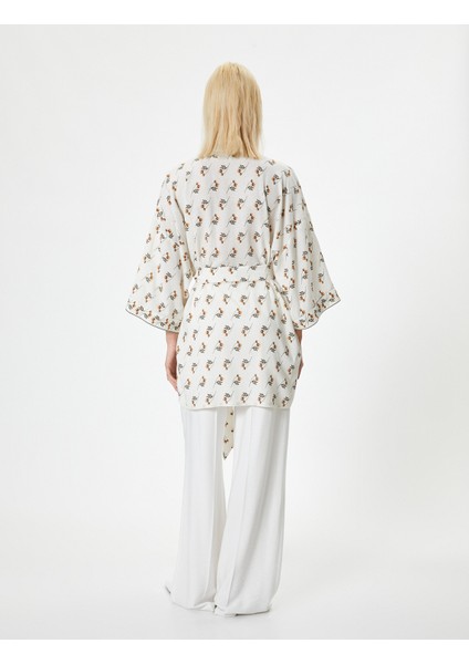 Çiçekli Kimono Keten Karışımlı Kalça Boy Kemerli Boncuk Işleme Detaylı fırsatları