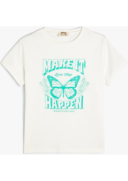 T-Shirt Kelebek Baskılı Kısa Kollu Bisiklet Yaka Pamuklu