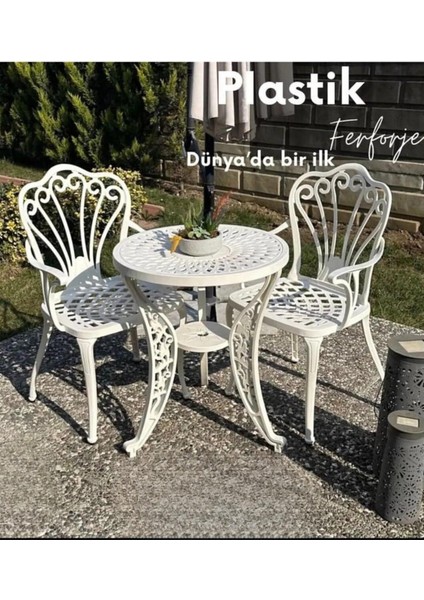 Ferforje Görünümlü Plastik Masa ve Sandalye, 150 kg Taşıma Kapasiteli, 2 Yıl Garantili, Bahçe, Balkon ve Dış Mekan Kullanımına Uygun, 60cm Çaplı Masa ve Sandalye Takımı