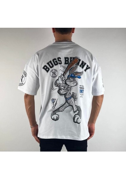 Büyük Beden Özel Tasarım Bugs Bunny Beyzbol Sırt Baskılı %100 Pamuk Battal Erkek T-Shırt