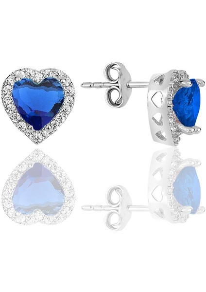 Gümüş Rodyumlu Safir Taşlı Pırlanta Montürlü Kalp Modeli Küpe SGTL12083LACIVERT